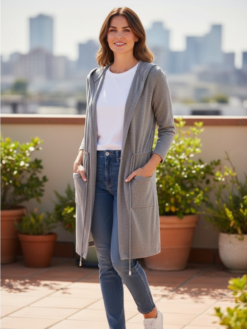 Elena Wang Gray Open Front Cardigan M Sweater Jacket
